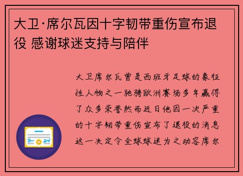 大卫·席尔瓦因十字韧带重伤宣布退役 感谢球迷支持与陪伴