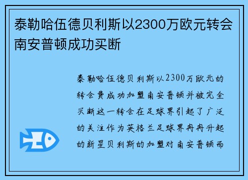 泰勒哈伍德贝利斯以2300万欧元转会南安普顿成功买断