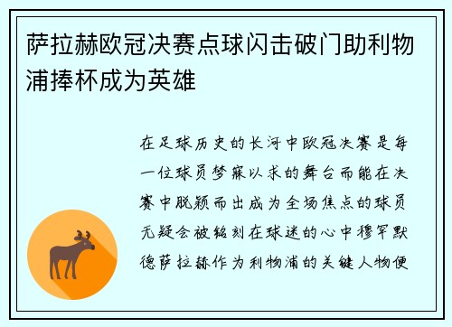 萨拉赫欧冠决赛点球闪击破门助利物浦捧杯成为英雄 萨拉赫欧冠决赛点球闪击破门助利物浦捧杯成为英雄