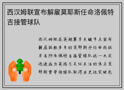西汉姆联宣布解雇莫耶斯任命洛佩特吉接管球队 西汉姆联宣布解雇莫耶斯任命洛佩特吉接管球队